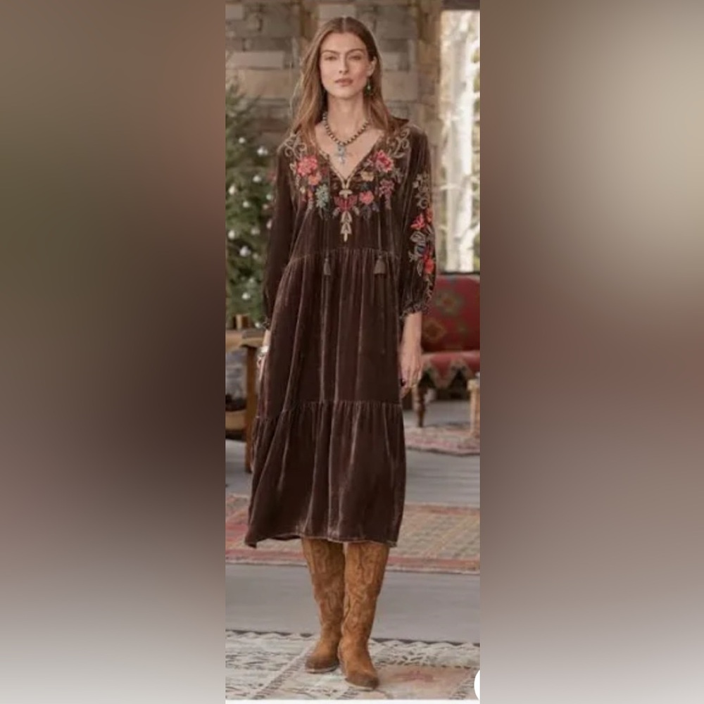 Johnny Was “Taline Velvet Midi Dress” in coffee bean brown. New with tags. - Picture 2 of 12